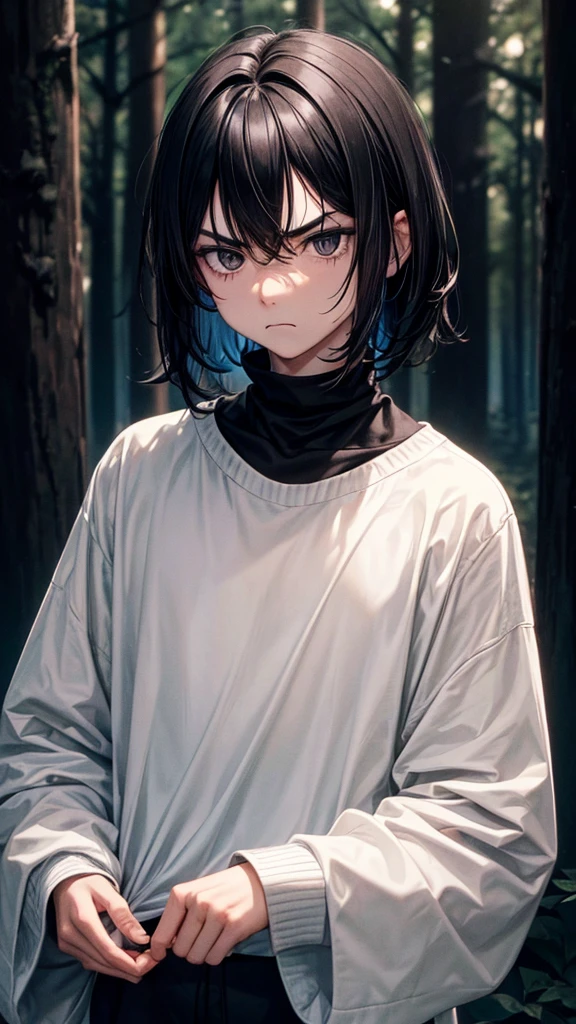 *Boy with neck-length shaggy black hair and black eyes, white skinned and a little angry, a pretty and tender face, black sweater, with forest landscape at night*