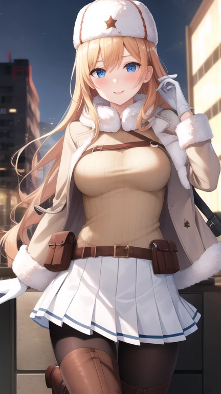 (masterpiece, best quality:1.2),illustration,8k,hd,city,1girl,solo,cowboy shot,mosin-nagant (girls frontline),ushanka,belt,belt pouch,blonde hair,blue eyes,white jacket,white headwear,ribbed sweater,white skirt,red star,blush,fur hat,fur trim,knee boots,black pantyhose,long hair,smile,white gloves,pleated skirt,brown footwear,