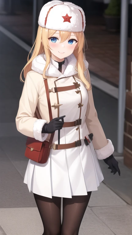 (masterpiece, best quality:1.2),illustration,8k,hd,city,1girl,solo,cowboy shot,mosin-nagant (girls frontline),ushanka,belt,belt pouch,blonde hair,blue eyes,white jacket,white headwear,ribbed sweater,white skirt,red star,blush,fur hat,fur trim,knee boots,black pantyhose,long hair,smile,white gloves,pleated skirt,brown footwear,