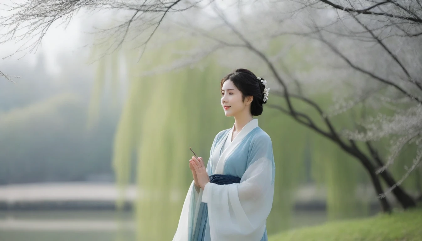 shukezouma, Negative Space, , Bisim , Portrait of a Standing Woman , Willow branches, (masterpiece, best quality:1.2), Traditional Chinese ink painting, Model shooting style, peaceful, (Smile), Looking at the audience, wearing long Hanfu, Hanfu, song, Willow trees in the background, wuchangshuo,