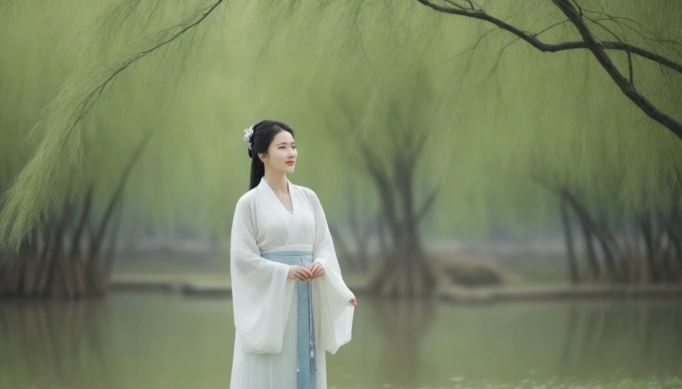 shukezouma, Negative Space, , Bisim , Portrait of a Standing Woman , Willow branches, (masterpiece, best quality:1.2), Traditional Chinese ink painting, Model shooting style, peaceful, (Smile), Looking at the audience, wearing long Hanfu, Hanfu, song, Willow trees in the background, wuchangshuo,