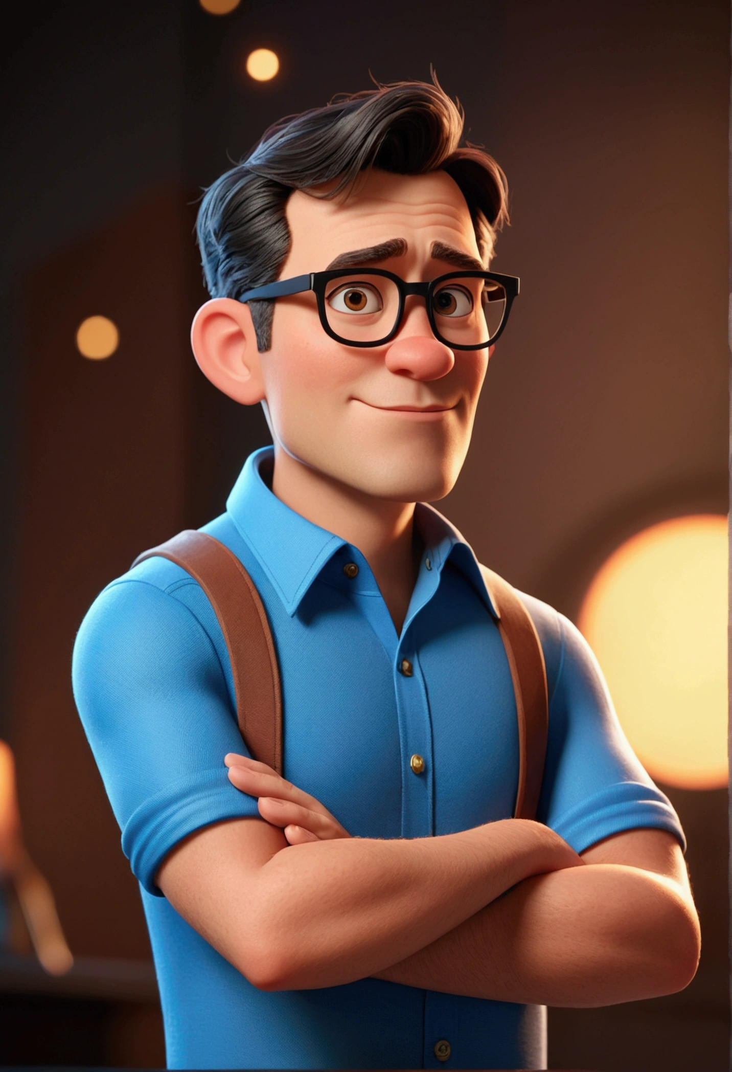 Cartoon character of a man in black glasses and blue shirt, animation character, stylized character, animation style rendering, 3d stylized, Arnold Maya rendering, Stylized 3D rendering, toon render screenshot, 3d character, 3d character, Stylized 3D rendering, 3D character rendering, cartoon character, Personagem de close up, character posing, (Pixar-style) (master part:1.2) (bokeh) (best qualityer) (skin detailed) (detailed texture) (8k) (Argilla) (cinematic lighting) (sharp focus