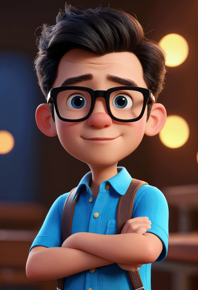 Cartoon character of a man in black glasses and blue shirt, animation character, stylized character, animation style rendering, 3d stylized, Arnold Maya rendering, Stylized 3D rendering, toon render screenshot, 3d character, 3d character, Stylized 3D rendering, 3D character rendering, cartoon character, Personagem de close up, character posing,  (Pixar-style) (master part:1.2) (bokeh) (best qualityer) (skin detailed) (detailed texture) (8k) (Argilla) (cinematic lighting) (sharp focus