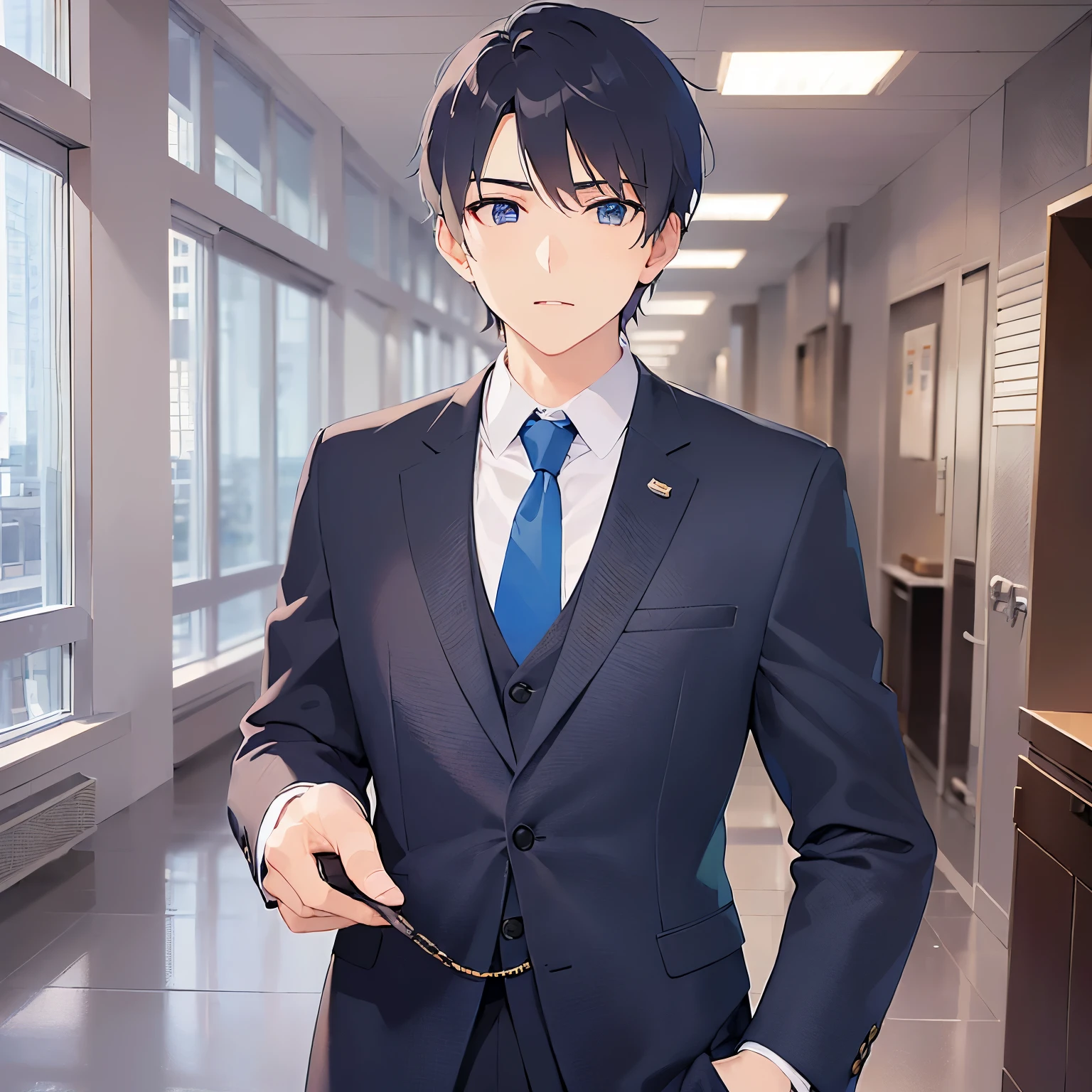 (looking away:1.5),upper body、
shiny skin, masterpiece、Highest quality、(25-year-old male:1.5) and (Black short hair) and (blue eyes)
(Wearing a suit:1.5) and (Blue tie)、
serious、Background is an office room、(Alone:1.5)