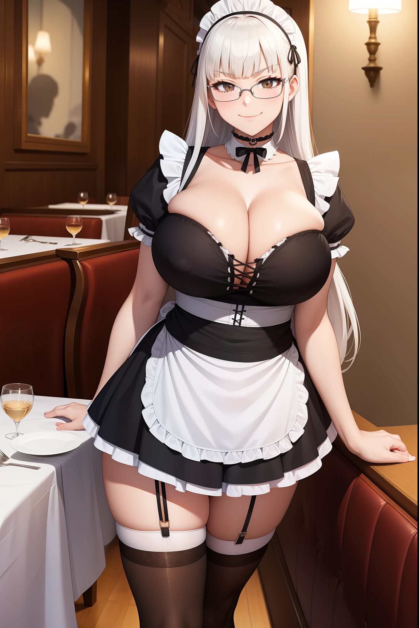 (masterpiece, best quality:1.4), illustration, 8k, hd, 1girl, solo, elegant_long_hair, white_hair, dress, white_thighhighs, no underwear, short_sleeves, frills, apron, brown_eyes, cleavage, metal_collar, anchor_choker, maid, white maid, ((big breast, glasses, smug)), (restaurant, maid cafe)