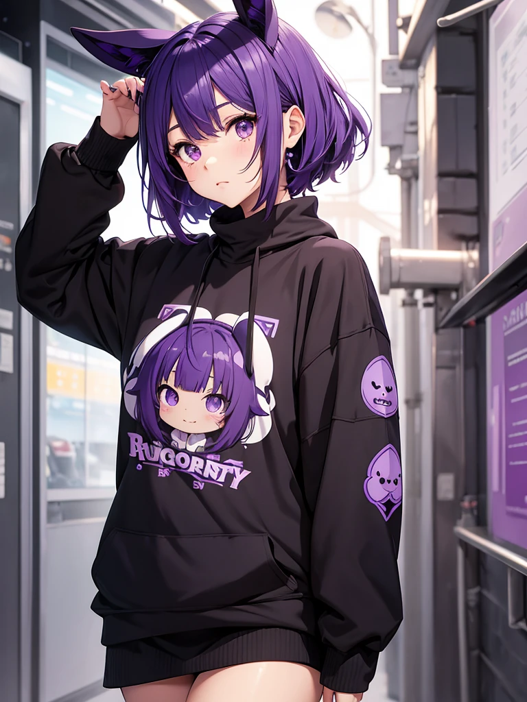 cute anime girl in black sweatshirt with short purple hair with big purple bunny ears with purple eyes