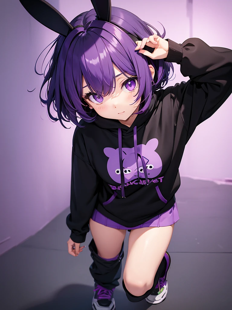  cute anime girl in black sweatshirt with short purple hair with big purple bunny ears with purple eyes