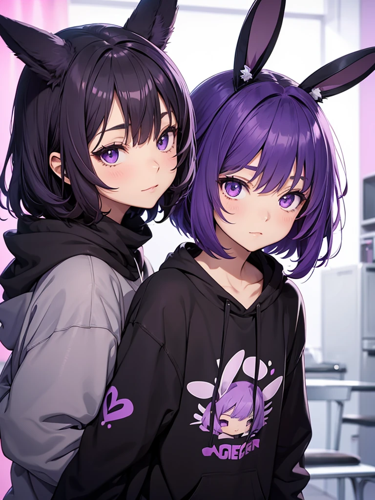 cute anime girl in black sweatshirt with short purple hair with big purple bunny ears with purple eyes