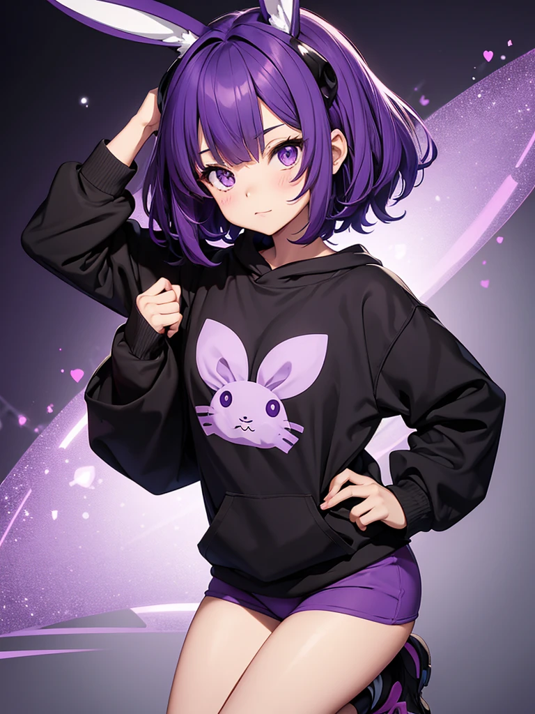  cute anime girl in black sweatshirt with short purple hair with big purple bunny ears with purple eyes