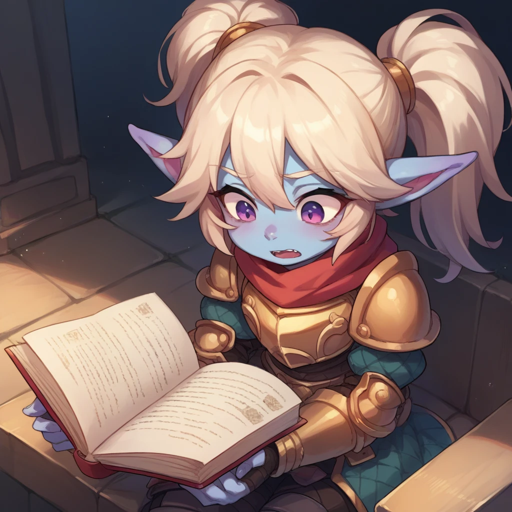 score_9, score_8_up, score_7_up, score_6_up, source_アニメ,
1girl, 独奏,  poppylol, colored skin, bionde_hair, purple_eyes, poparmour, armor, scarf, sitting, reading a blue book.