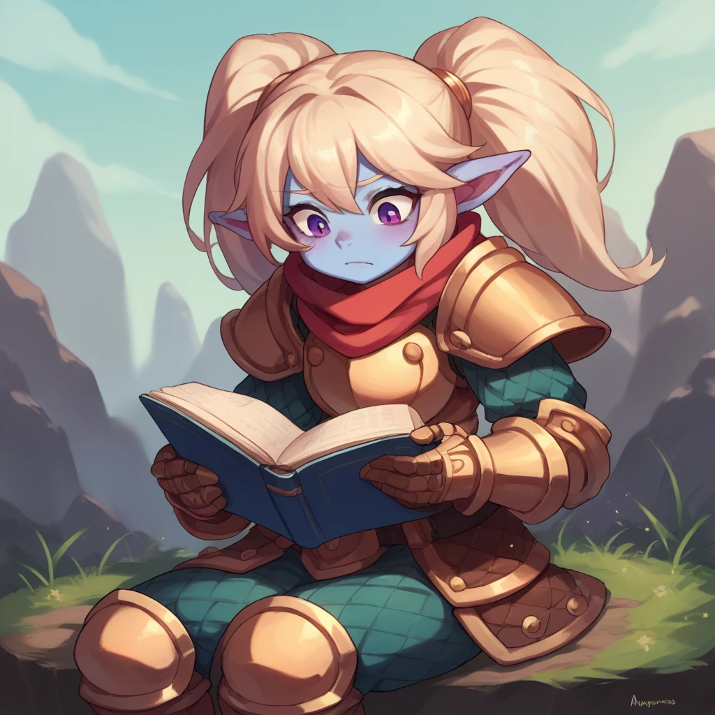 score_9, score_8_up, score_7_up, score_6_up, source_アニメ,
1girl, 独奏, poppylol, colored skin, bionde_hair, purple_eyes, poparmour, armor, scarf, sitting, reading a blue book.