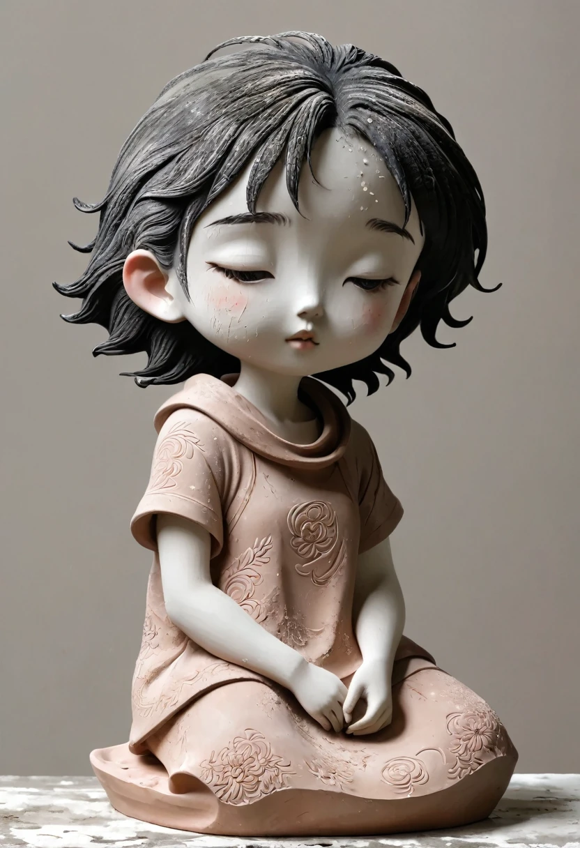 (Best quality：1.2），clay，Pottery，rough，Mineral pigments，3d，clay雕塑艺术，rough表面，（work，Abandoned Sculpture，Minimalist Sculpture，1 girl，Art Blush，cute，rough表面，Surface patterns and textures，Surface scratches，Granular，Old，Damaged，moss，rain，A small white flower，one，Concept Art，）。