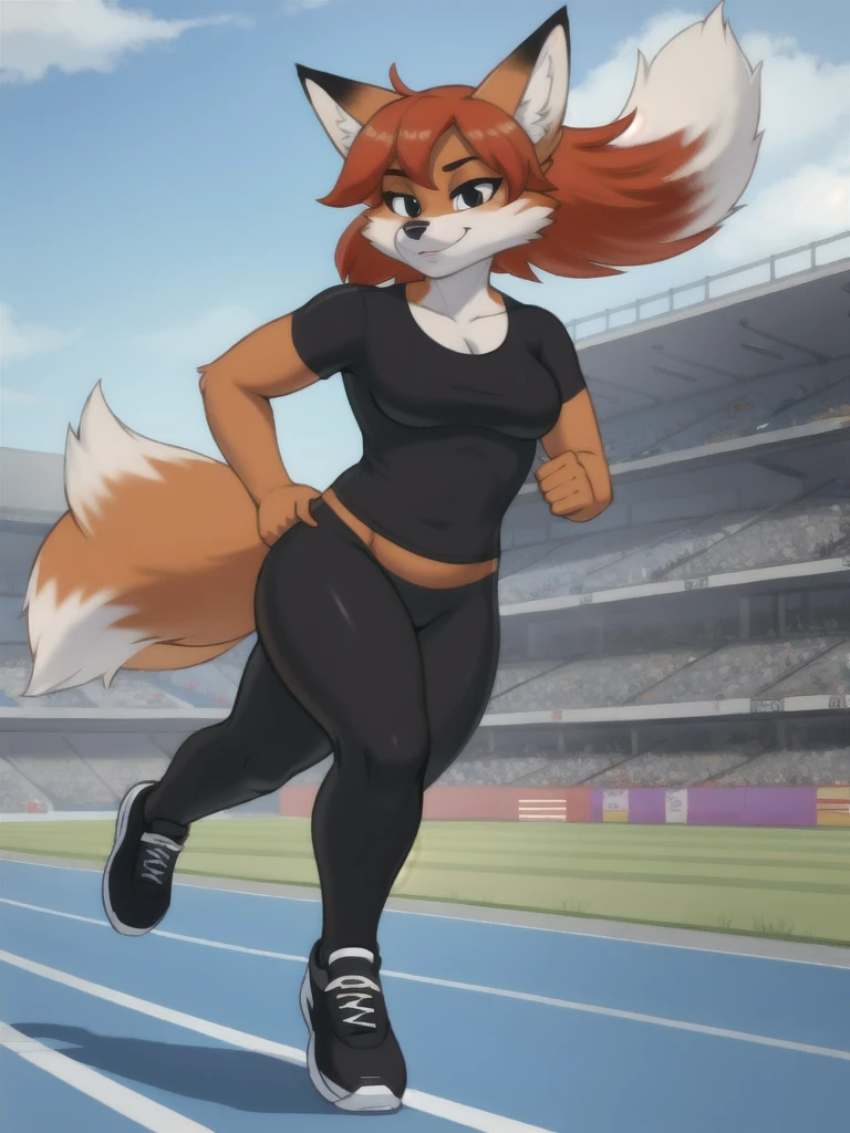 Furry, fox, female, black shirt, black leggings, shoes, running track, solo, full body