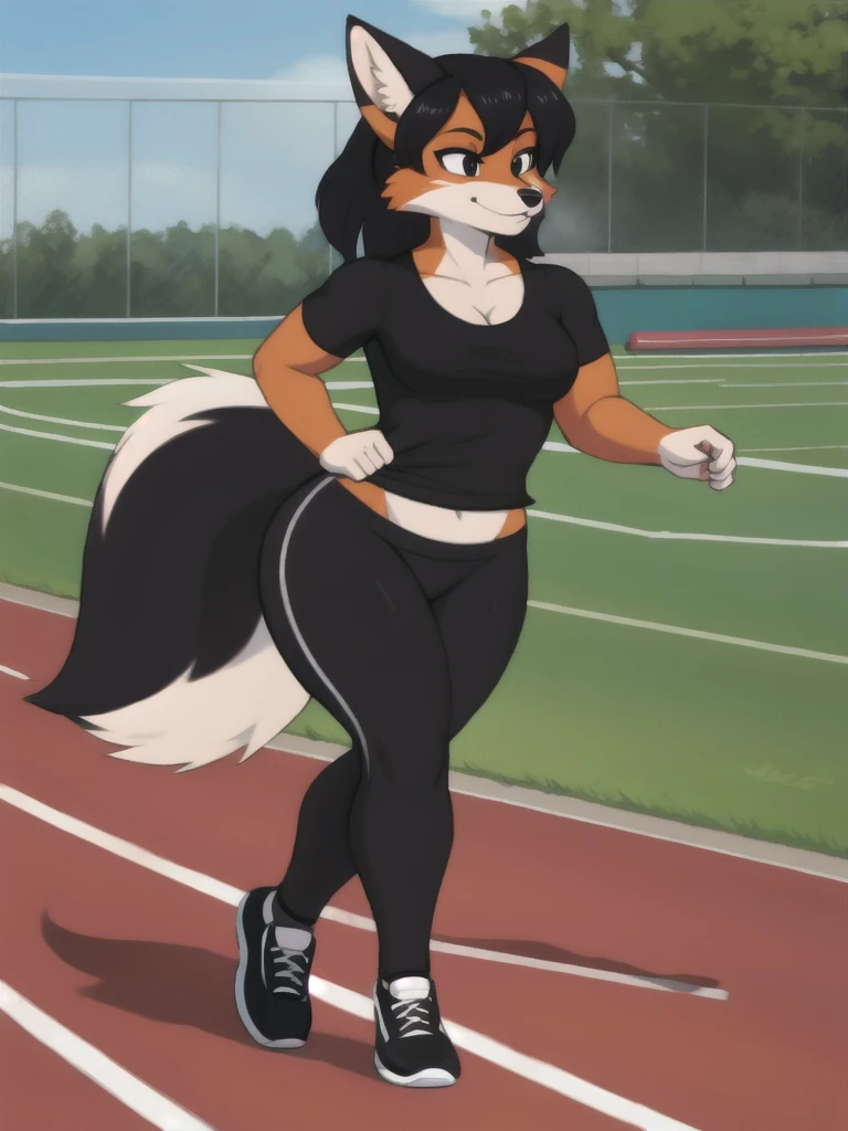 Furry, fox, female, black shirt, black leggings, shoes, running track, solo, full body