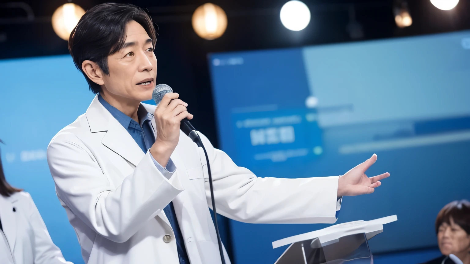 50-year-old male doctor Japanese Wearing a white coat Holding a microphone and speaking