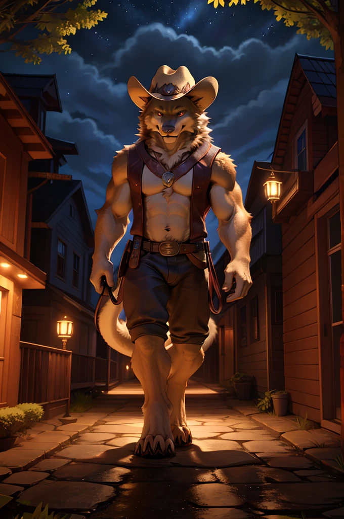 a fluffy white werewolf, walking a green dragon with one red robotic eye, wearing a cowboy hat, werewolf walking dragon on a kid leash, detailed creature, fantasy, hyperrealistic, cinematic lighting, photorealistic, 8k, ultra-detailed, masterpiece