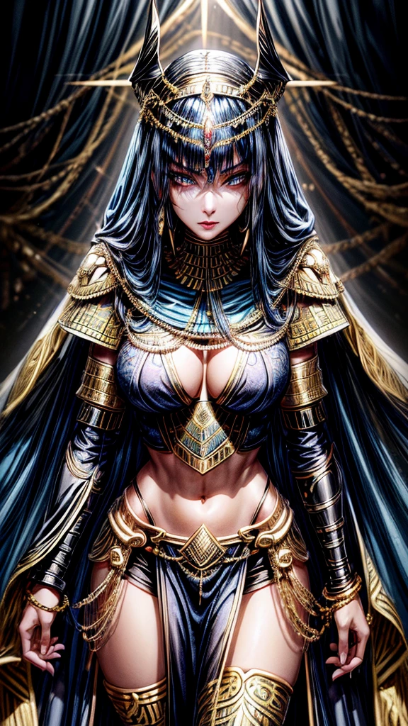intricate detailed portrait of an egyptian female warrior, black armored suit with golden accents, blue cape, black headdress with blue gemstones, short black hair with blue highlights, softly lined eyes and light red lips, full body shot, midriff exposed, high leg slit dress