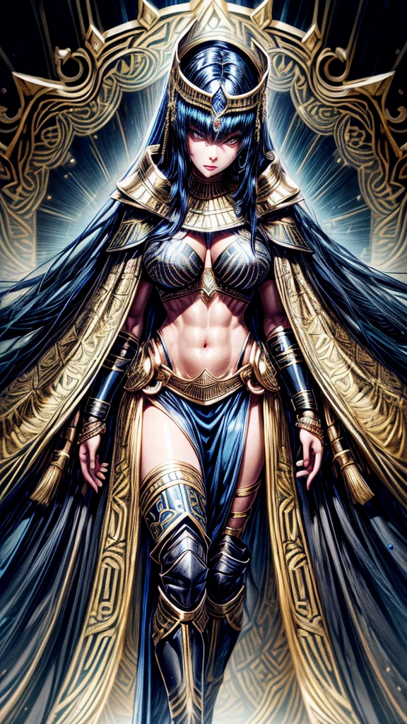 intricate detailed portrait of an egyptian female warrior, black armored suit with golden accents, blue cape, black headdress with blue gemstones, short black hair with blue highlights, softly lined eyes and light red lips, full body shot, midriff exposed, high leg slit dress