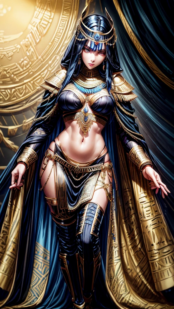 intricate detailed portrait of an egyptian female warrior, black armored suit with golden accents, blue cape, black headdress with blue gemstones, short black hair with blue highlights, softly lined eyes and light red lips, full body shot, midriff exposed, high leg slit dress
