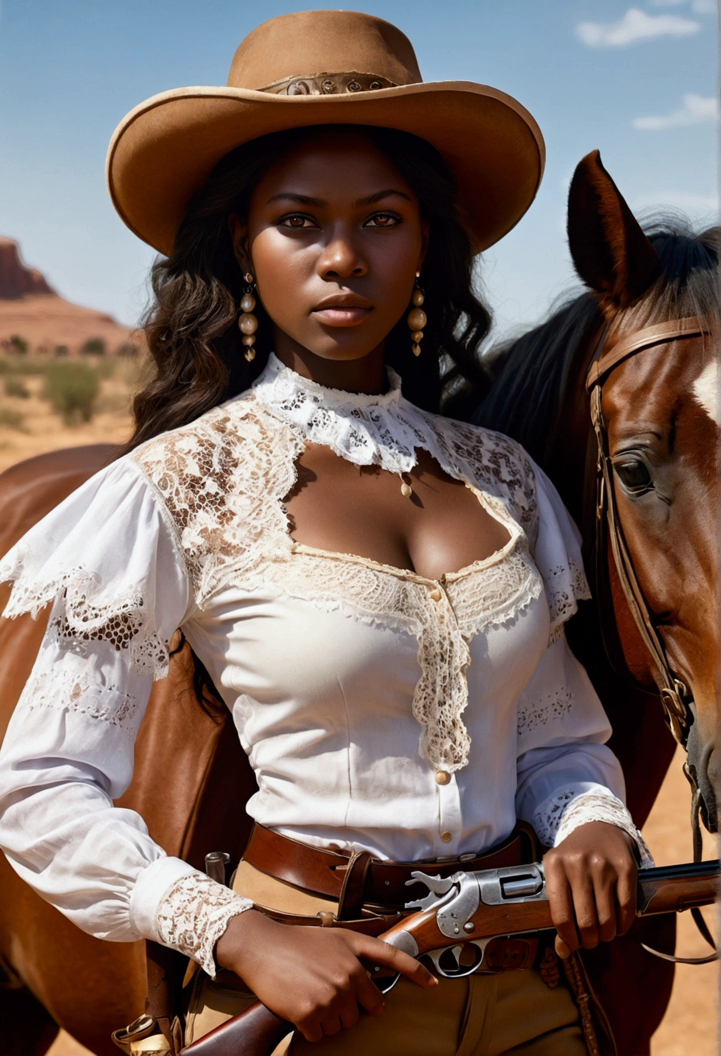 Ultra-realistic African woman, real colors, canon photography, darkskin, western film character, Sexy girl with brown eyes, ultra realist, meticulously detailed, wearing period clothes with white lace. she is holding a rifle. The image is a western film cover. insert a horse into the scene