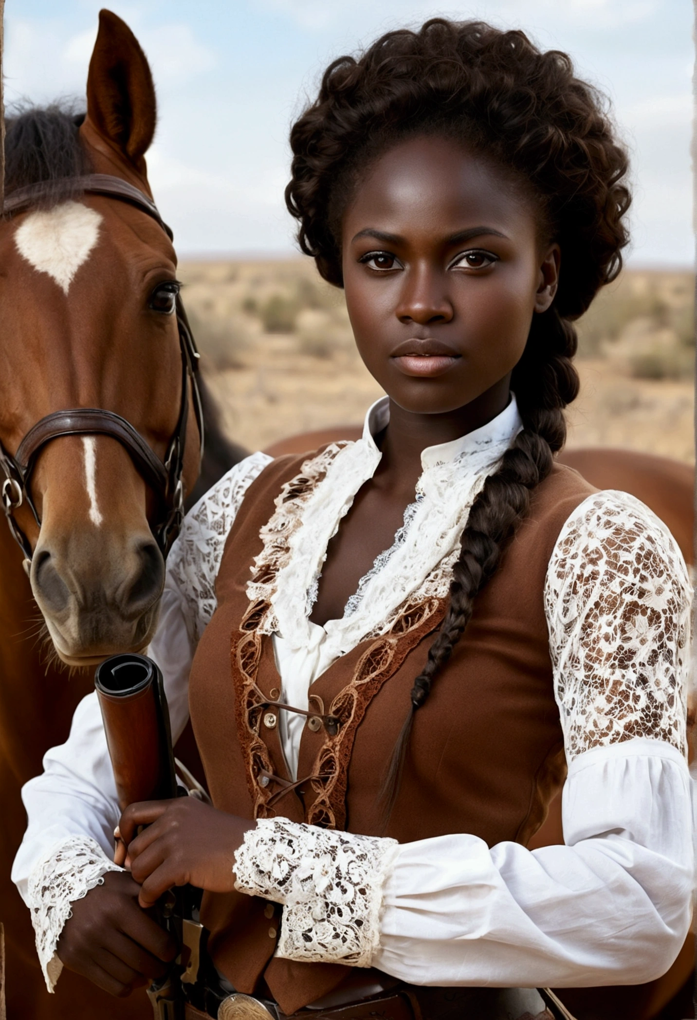 Ultra-realistic African woman, real colors, canon photography, darkskin, western film character, Sexy girl with brown eyes, ultra realist, meticulously detailed, wearing period clothes with white lace. she is holding a rifle. The image is a western film cover. insert a horse into the scene