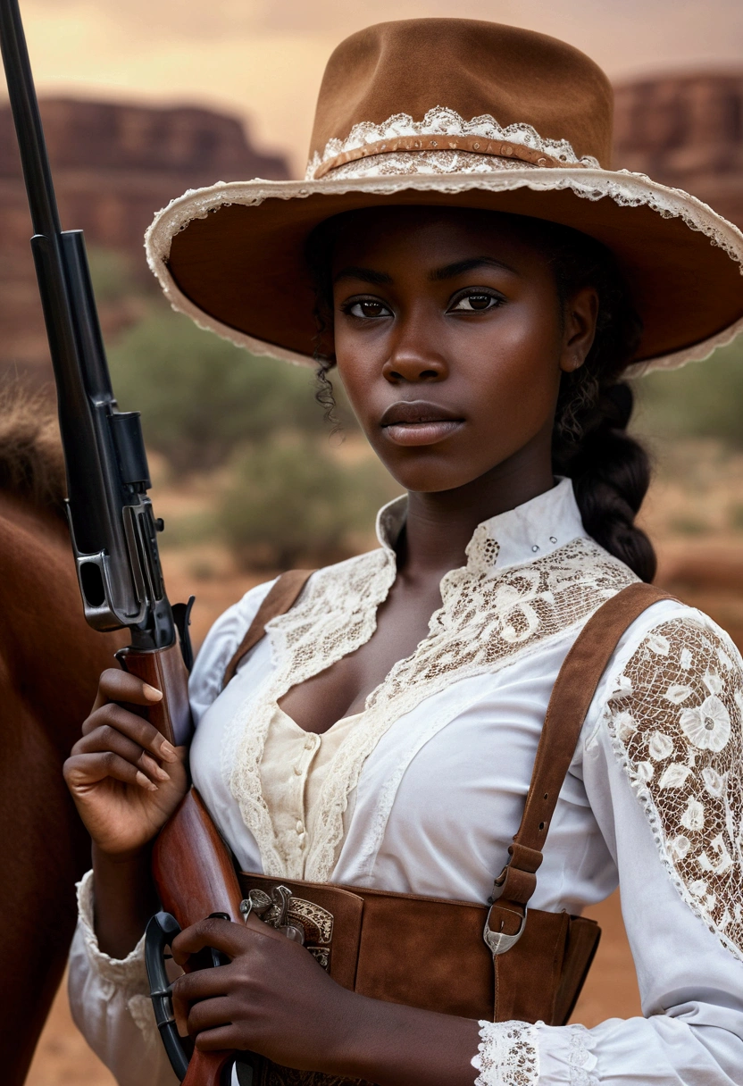 Ultra-realistic African woman, real colors, canon photography, darkskin, western film character, Sexy girl with brown eyes, ultra realist, meticulously detailed, wearing period clothes with white lace. she is holding a rifle. The image is a western film cover. insert a horse into the scene