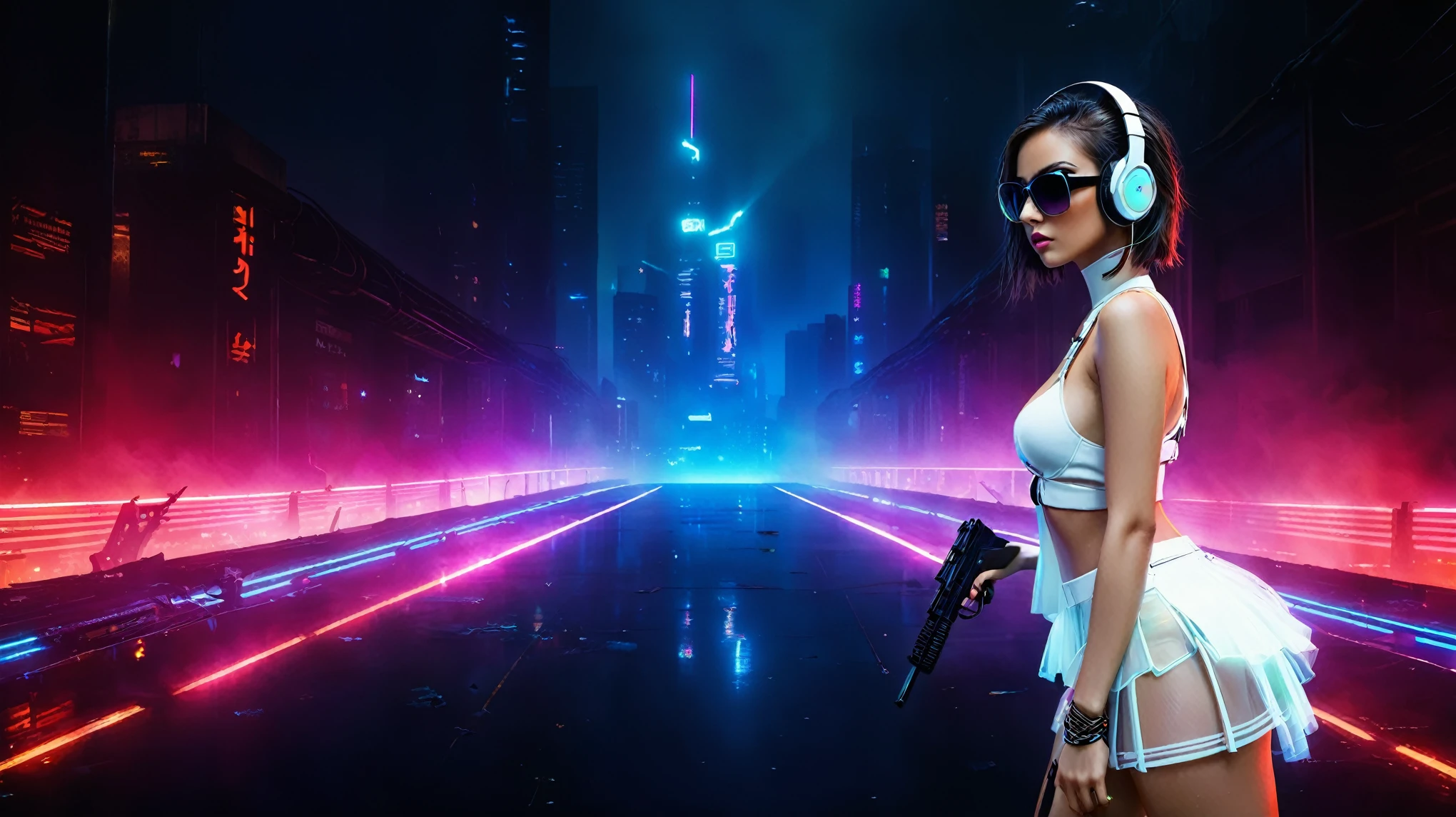 dark futuristic landscape, at night, neon lights, Atmospheric fog, large buildings in the background, futuristic city, streets with open shops, skyscraper (postapocalyptic city:1.3). (((1girl, solo, alone))), large-breast:1.2 slim body, cleavage:1.1, sexy miniskirt, (((headphone, black sunglasses, standing and holding pistol pose))), (((half-body thigh level medium shot))), cinematic lighting, lens flare, ray tracing.