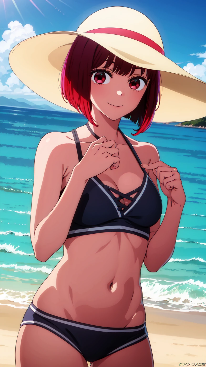kanaarima, kana arima, short hair, bangs, (red eyes:1.3), red hair, bob cut, smile, BREAK hat,white headwear, sun hat, bikini,navel, BREAK outdoors, ocean, beach, sun, sky, clouds, day, BREAK looking at viewer, (cowboy shot:1.5), BREAK (masterpiece:1.2), best quality, high resolution, unity 8k wallpaper, (illustration:0.8), (beautiful detailed eyes:1.6), extremely detailed face, perfect lighting, extremely detailed CG, (perfect hands, perfect anatomy),
