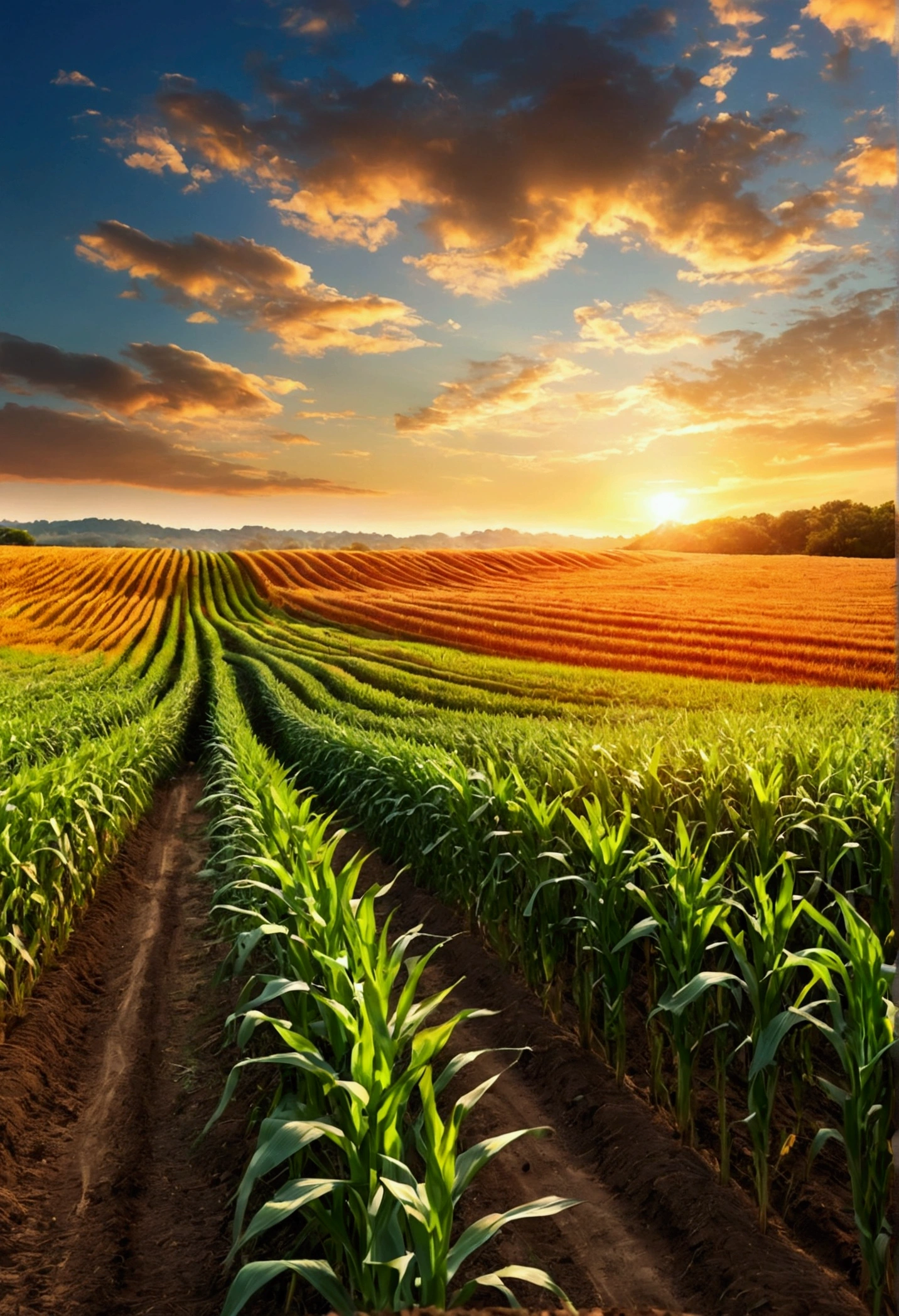 high quality,high resolution，Extremely detailed,realistic cornfield, Vibrant colors, Natural Lighting, Peaceful atmosphere, Rustling Leaves, Golden sunset, Vast landscape, summer harvest, Harvest, peaceful, natural beauty, Rural scenery, Agricultural background, Fertile soil, Endless cornfields, Tall stems, Swaying in the breeze, Birds chirp, Farmhouse in the distance, Simple, peaceful, peaceful的环境, Vast field, Clear blue sky, The wind whispered, peaceful的乡村, Idyllic setting，Real picture，There is a road in the middle