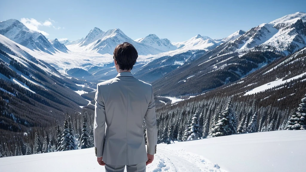 Man in his 30s、Background is snow、solo、Man in suit、With their backs turned towards the viewer、4K、（（Masterpiece））、（Delicate）