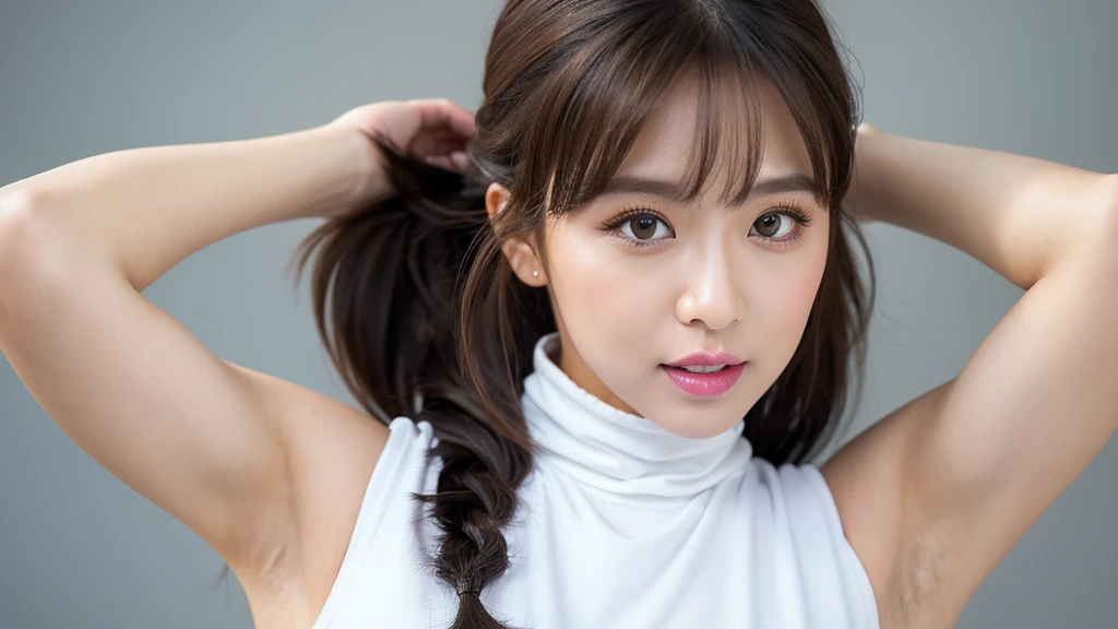 (Detailed face),vivid,chest,cute,White sporty outfit with sleeveless top and turtleneck,4K,Ultra-high resolution,（Photorealistic：1.7）,Gray background,Long Hair,