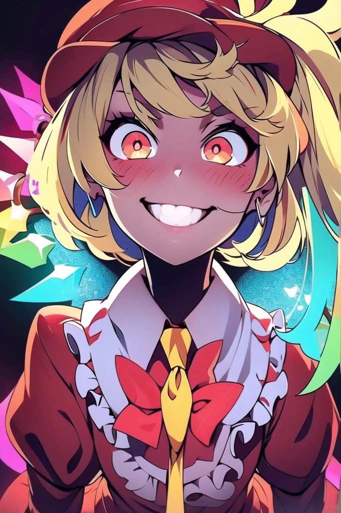 ((masterpiece,best quality)), absurdres, Flandre_Scarlet_Touhou,  1girl, flandre scarlet, solo, blonde hair, wings, red eyes, looking at viewer, blush, hat, crystal, one side up, ribbon, smile, mob cap, red shirt, white sleeves, solo,  looking at viewer, upper body, detailed crystals, jewelry,  
leaning forward, from below, 
(sharp_focus), (cinematic_lighting), (vibrant_colors),