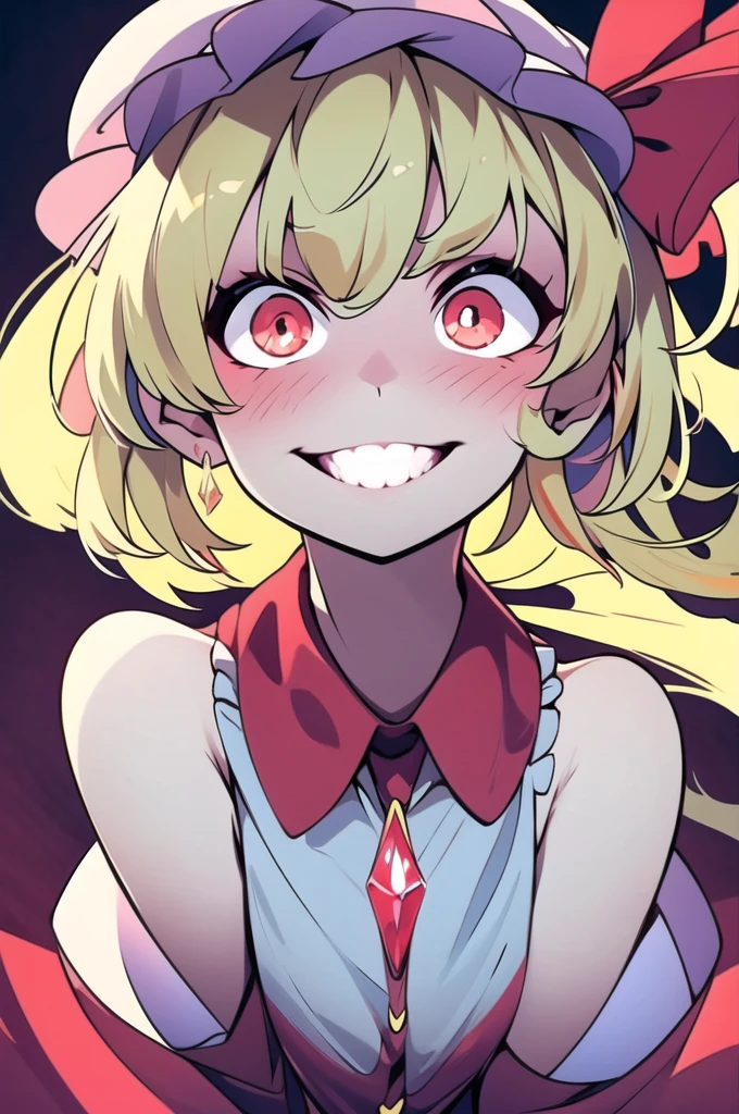 ((masterpiece,best quality)), absurdres, Flandre_Scarlet_Touhou,  1girl, flandre scarlet, solo, blonde hair, wings, red eyes, looking at viewer, blush, hat, crystal, one side up, ribbon, smile, mob cap, red shirt, white sleeves, solo,  looking at viewer, upper body, detailed crystals, jewelry,  
leaning forward, from below, 
(sharp_focus), (cinematic_lighting), (vibrant_colors),