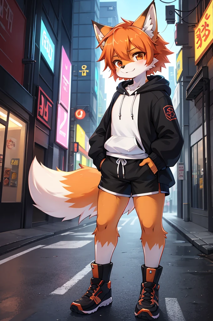 Anime-style image of a man standing in the street wearing a hoodie and shorts, Fox Girl, Colorful Fox City, Anime Style 4k, Anime boy with orange hair, Fashionably dressed fursona, Anthropomorphic Cyberpunk Fox, artstation pixivでトレンド, On the city streets, Digital anime illustration, In anime style, by Yuumei