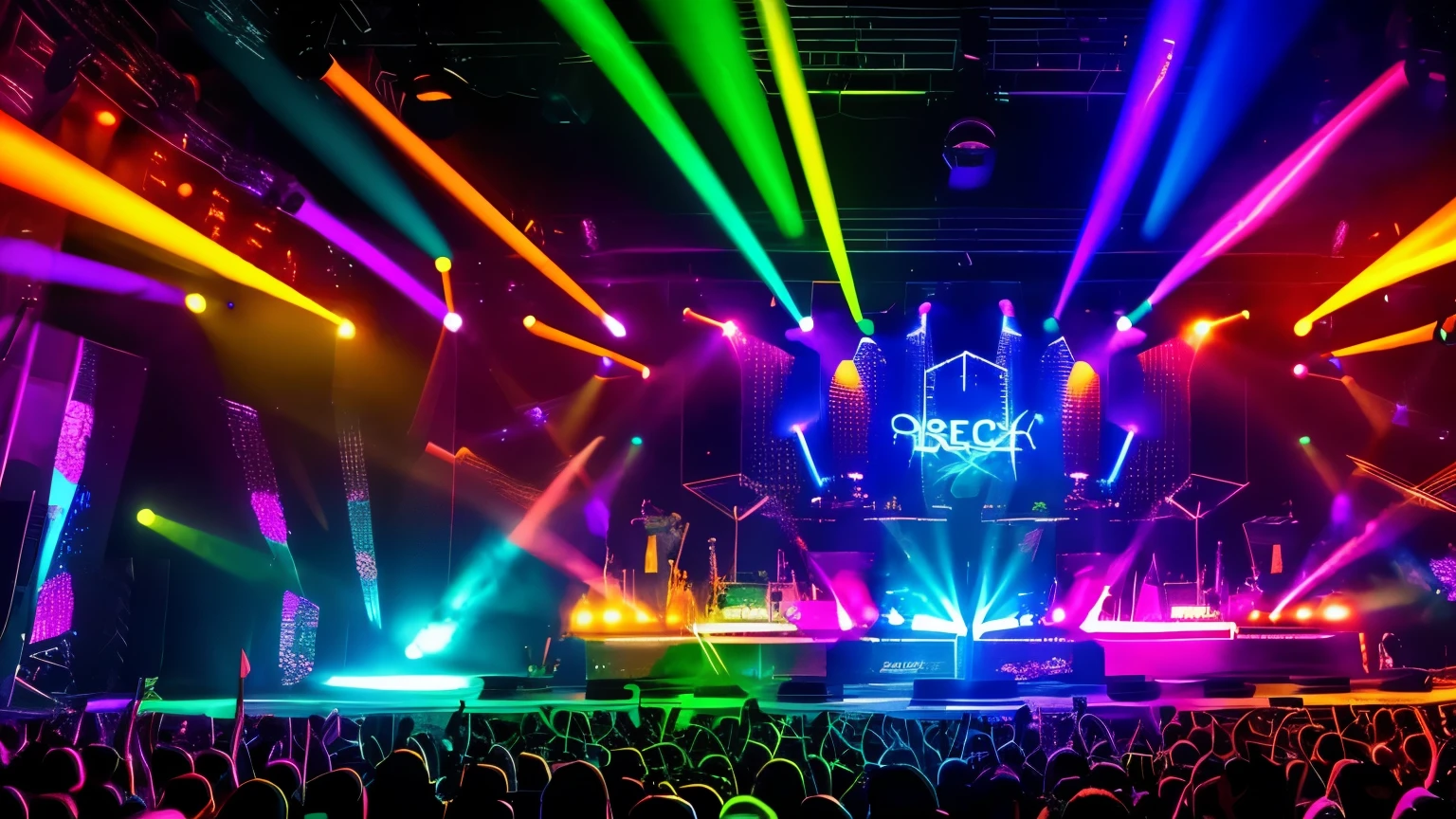 Energy Blast Description: A rock stage lit with vibrant, colorful lights, capturing the energy of an electrifying guitar solo. The crowd is ecstatic, with rays of laser lights crossing the air.
colors: rot, orange, yellow and black, with neon touches.
