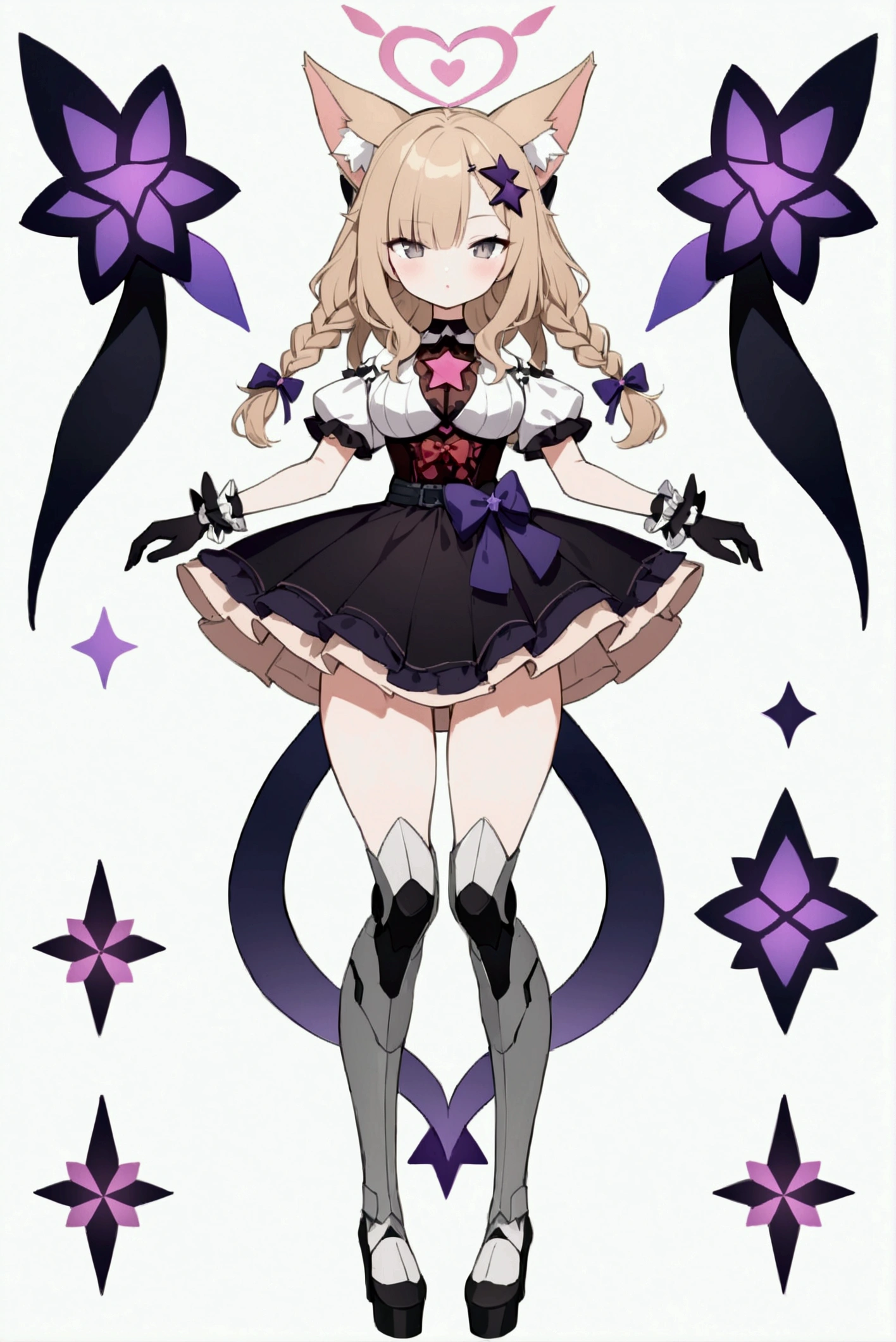 woman 170 cm tall, medium chest, wide hip, slim build, charming look, ((whole body)), (((character design sheet: front view))), (dark blonde hair), ((hip length wavy hair, asymmetrical bangs, star hairpin)), (short braid tied with an elegant purple ribbon on the left side of her hair over her chest), (She has a short braid tied with an elegant purple ribbon on the right side of her hair above her chest), small hair bows at the back of your hair.), ((Gray eyes with a pink 4-pointed star in the pupil.)), (Two black and purple fox ears located on the top of the head.), (Luminous black horizontal halo in the shape of a four-pointed star above the head with purple thorn patterns), He has a black collar with a heart emblem on his neck., (Elegant long one piece dress, Thigh-length lace and ruffle skirt, large bow at the back of the hip, ribbon decorations and star patterns on the dress), black ruffled gloves, Black platform heels, gray belt at the waist with a large ribbon with a luminous pink heart in the middle, ((It has a small succubus tail that ends in the shape of a heart.)), (((It has complex futuristic mechanical legs that reach up to the thighs., black color with small red and purple details.))), extremely detailed beautiful hair, beautiful detailed dress, extremely detailed arms, extremely detailed face, (Extremely detailed hands), perfect hands, small face, Beautiful detailed eyes, beautiful detailed lips, adorable, extremely detailed legs, (Best Quality, 8k, high resolution), ultra detailed, Exquisite and epic character art, ((White background)), (Focus on symmetry).