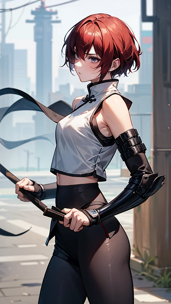 {{masterpiece}}, {{{best quality}}},{{ultra-detailed}}, {{illustration}},{{tall stature}},{{adult women}},,Small breasts,Slender,{{fighting stance}},((Leggings with integrated shorts)),((Black leggings)) Female karate　Red hair short cut　Sleeveless uniform　Martial Arts Belt　,Chinese style,Cowboy Shot, black fingerless gloves,Street Fight,Slums during the day,1 female,alone, Elbow guard 