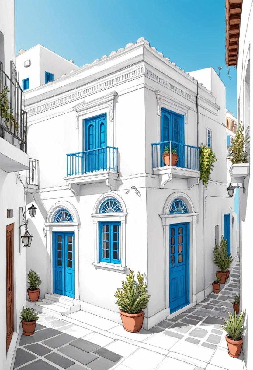 Kawaii coloring book illustration, hand drawn, facade of a one-story Greek house with arches, a corner house showing the street and sidewalk, with balcony, White background