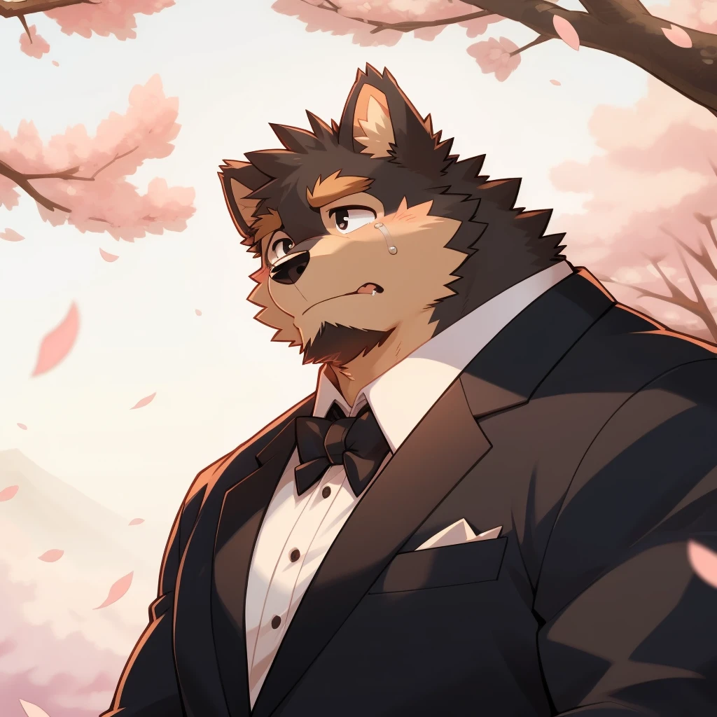 Scribble 德国牧羊dog face,cry,Humanity(dog),(Formal wear:1.3),Muscular,(Brown eyebrows:1.1),（Close one eye:1.2）,(Perfect black eyes),Cherry blossoms,Black fur。（artist:Takemoto Arashi）