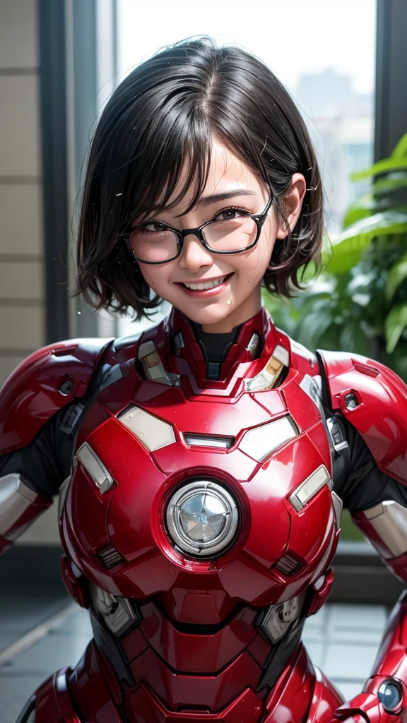 Highest quality　8k Two Iron Man suit girls　Kindergarten girl　Sweaty face　cute　short hair　boyish　Steam coming out of my head　My hair is wet with sweat　The feel of black hair　whole bodyポートレート　My upper body is soaked　Glasses　smile　Laughing with your mouth open　Sweaty hair　whole body