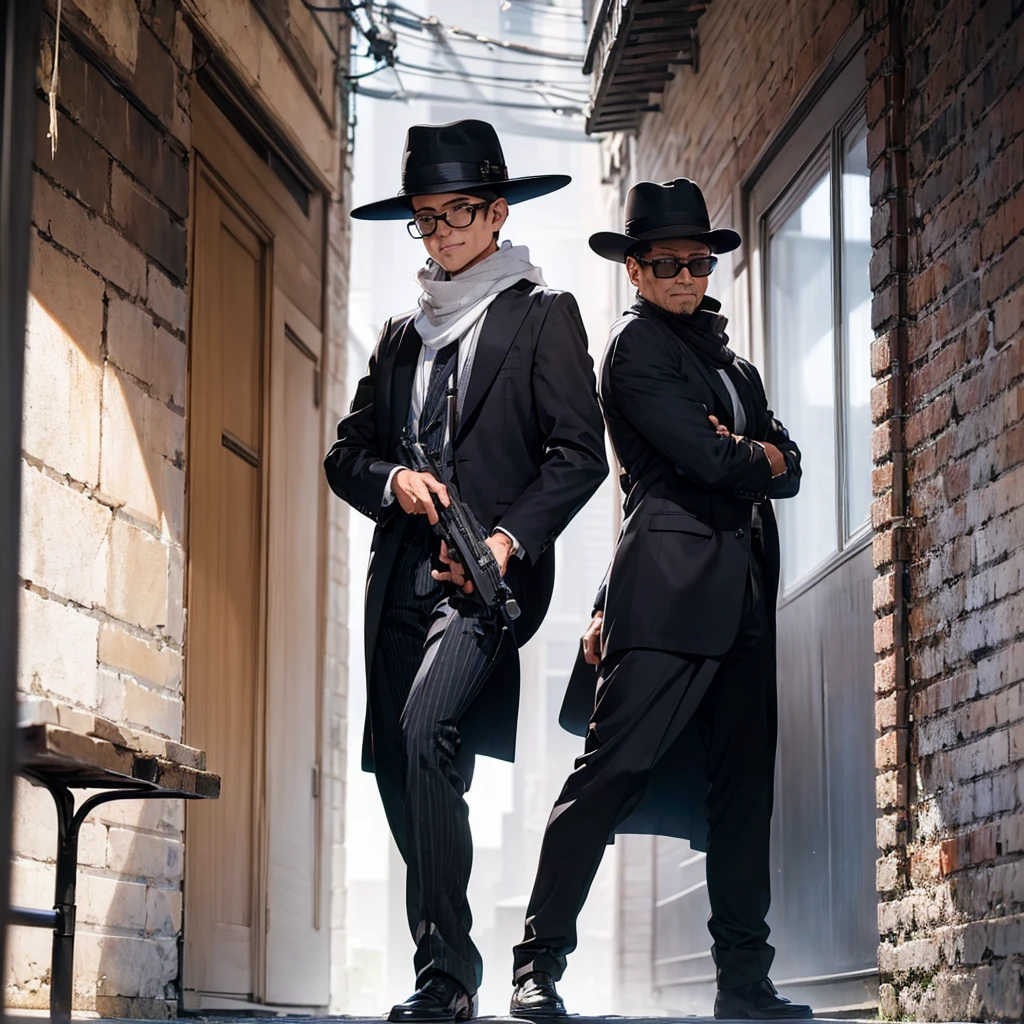 Raise a young man. He wears a black pinstripe overcoat, white pants and hat, as well as black glasses and a black and white cashmere scarf. He is striking a characteristic pose while holds two revolvers