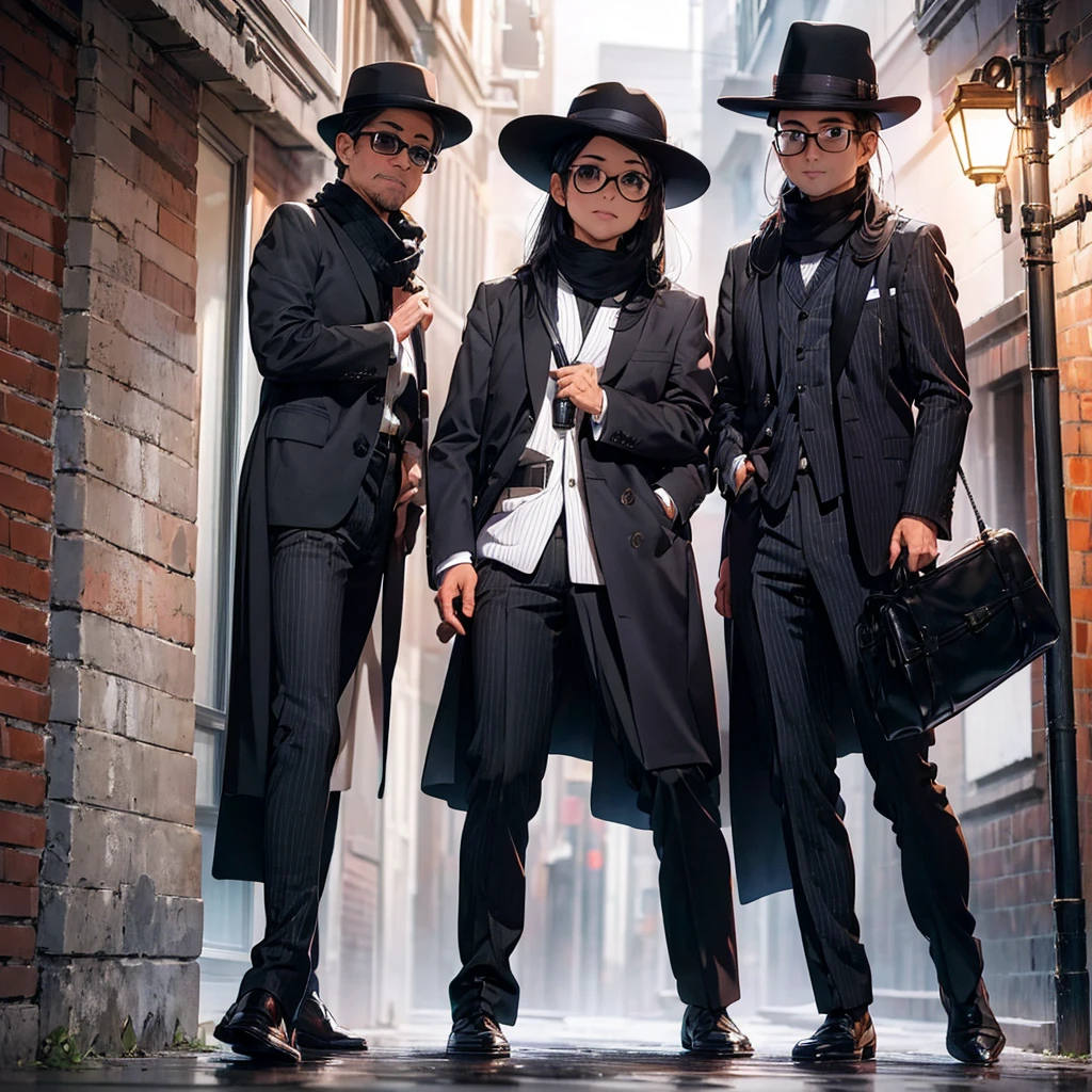 Raise a young man. He wears a black pinstripe overcoat, white pants and hat, as well as black glasses and a black and white cashmere scarf. He is striking a characteristic pose while holds two revolvers