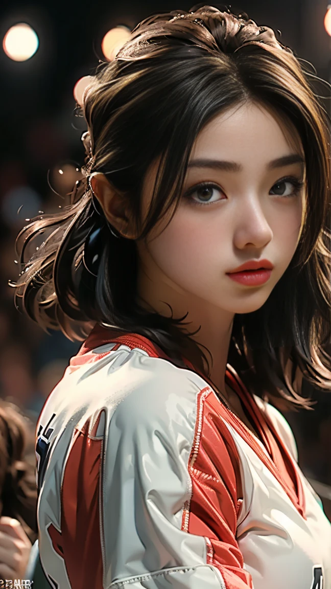 masterpiece, highest quality, Highest image quality, High resolution, photo realistic, Raw photo, Game-Winning Dunk, woman basketball player