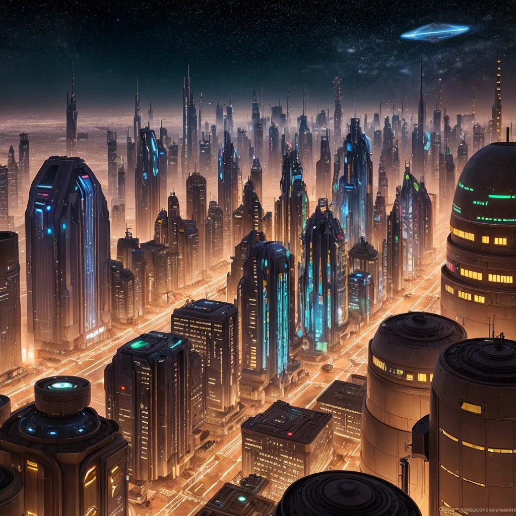 Take a photograph of a city where all the races of the universe meet called Coruscant.. It is a city that serves as the political center, cultural and financial of the galaxy, and is the headquarters of the Galactic Republic and the Galactic Empire. It&#39;s getting dark in the city