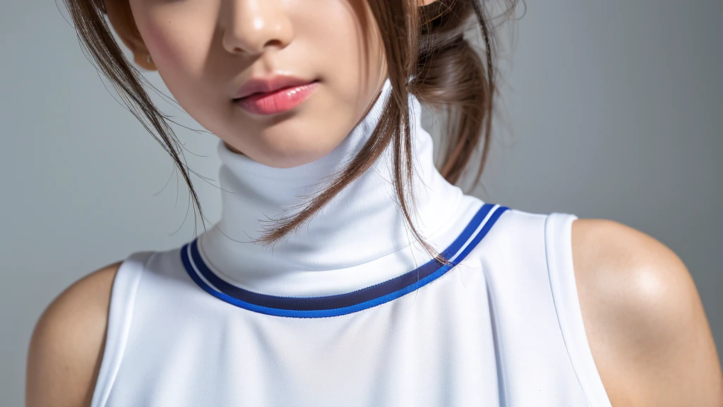 (Detailed face),vivid,chest,cute,White sporty outfit with sleeveless top and turtleneck,4K,Ultra-high resolution,(Photorealistic:1.7),Gray background,Long Hair,