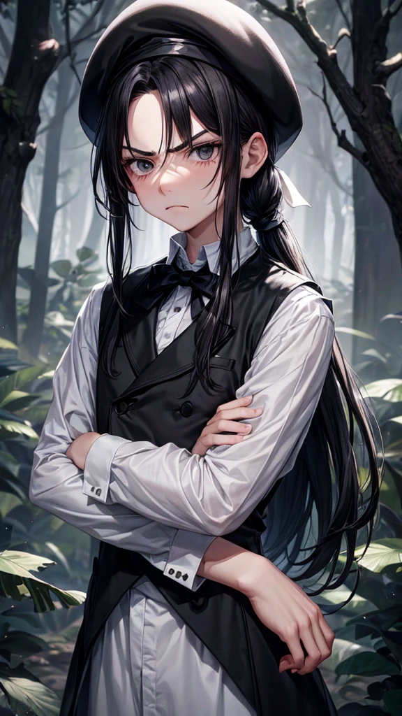 *Boy with neck-length hair tousled black, Beret and black eyes, white skinned and a little angry, a pretty and tender face, black vest, with forest landscape at night*