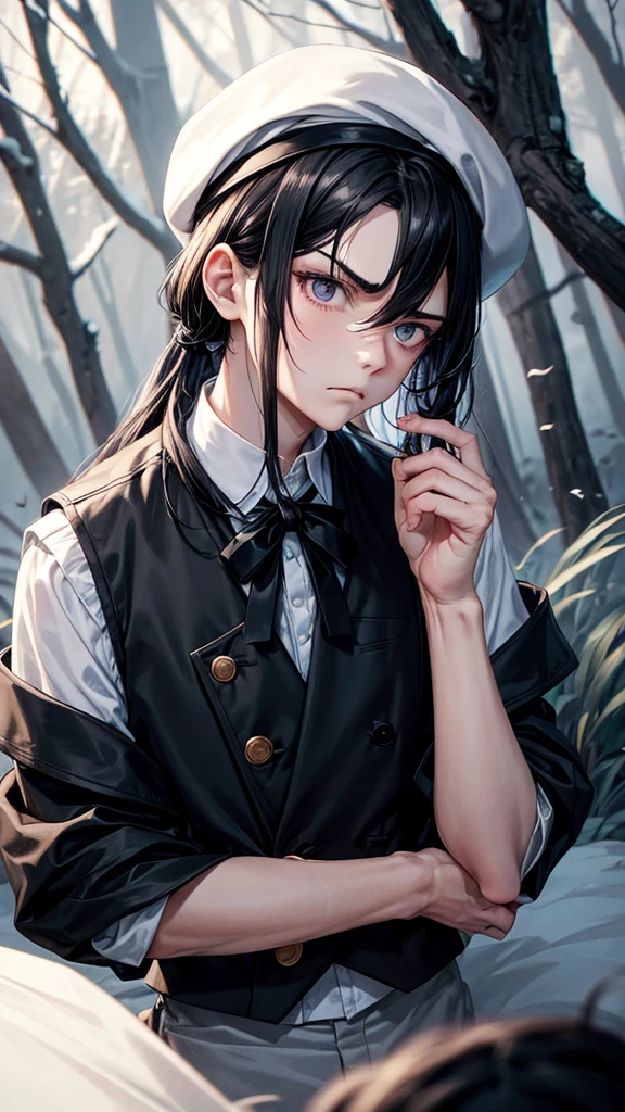 *Boy with neck-length hair tousled black, Beret and black eyes, white skinned and a little angry, a pretty and tender face, black vest, with forest landscape at night*
