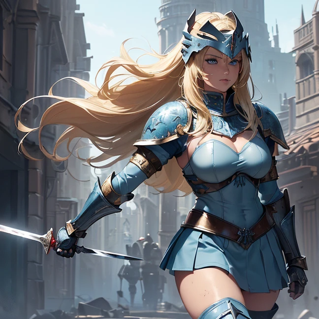 (Absurdres, master piece, best high quality image, very detailed features, very detailed textures, carefuly detailed artwork, solo character, front view, Warhammer 40K aesthetic)
{{(1character: 40 years old beautiful blonde woman, (bleeding, body dirty with blood, fair skin, blue eyes, blonde golden long hair tied in a high ponytail with a long crimson ribbon, voluptuous figure, holding with left hand a sword, sitting on a rock), ((full blue bulky armor plate, full chest plate, big houlder plates, belly plate, armored gauntlets, armored sleeves, steel hip plates around the skirt, long metal boots, medieval knight helmet) (under the armor she wears: grey leotard covered by a light blue combat padded bra and a light blue short skirt, light blue long leather spandex boots, light blue long sleeves and padded gloves, dark blue steel shoulderpads)), (silver and red colored long sword with a red magical blade), (City ruins))}}