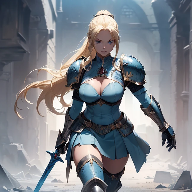 (Absurdres, master piece, best high quality image, very detailed features, very detailed textures, carefuly detailed artwork, solo character, front view, Warhammer 40K aesthetic)
{{(1character: 40 years old beautiful blonde woman, (bleeding, body dirty with blood, fair skin, blue eyes, blonde golden long hair tied in a high ponytail with a long crimson ribbon, voluptuous figure, holding with left hand a sword, having a walk), ((full blue bulky armor plate, full chest plate, big houlder plates, belly plate, armored gauntlets, armored sleeves, steel hip plates around the skirt, long metal boots, medieval knight helmet) (under the armor she wears: grey leotard covered by a light blue combat padded bra and a light blue short skirt, light blue long leather spandex boots, light blue long sleeves and padded gloves, dark blue steel shoulderpads)), (silver and red colored long sword with a red magical blade), (City ruins))}}