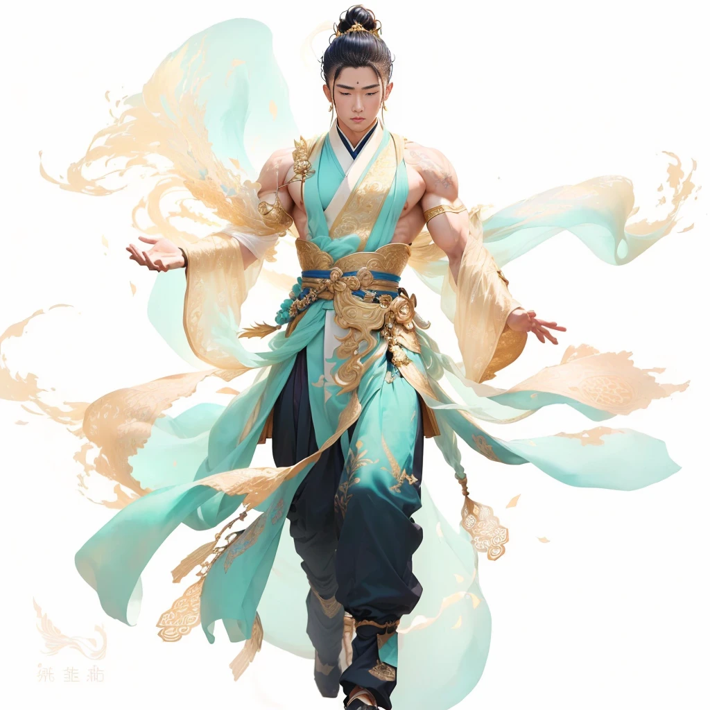 Dunhuang，Aesthetic，male，muscular，Hairstyle，Clothes white gold，Fairy air，4K，Lighting，Ball head，blonde，Clothes fluttering yarn，Flowing clothes，Male bodhisattva，头发Hairstyle，sacred，Cool clothing，Biceps，Monk，bust，Hands together，Asian beauty